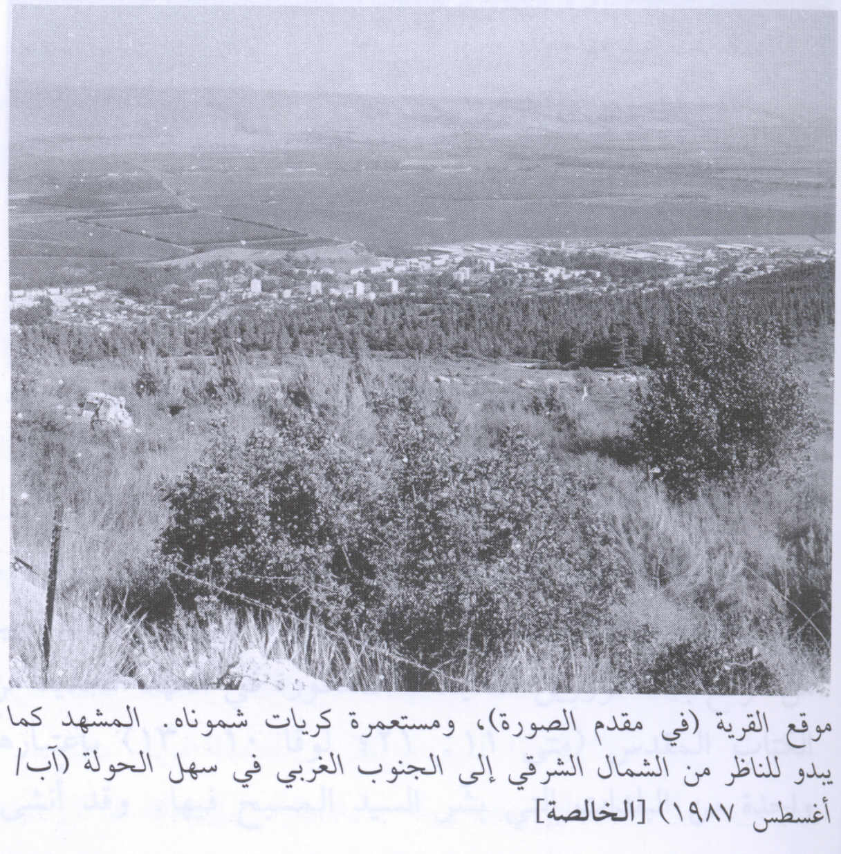 صورة لقرية الخالصة - فلسطين: : منظر في الاتجاه الجنوبي الغربي للقرية التي دمرها الصهاينة وطهروا سكانها عرقياً، وتظهر مغتصبة كريات شمونه وحوض بحيرة الحولة المجففة، اُنقر الصورة لتكبيرها. 1987