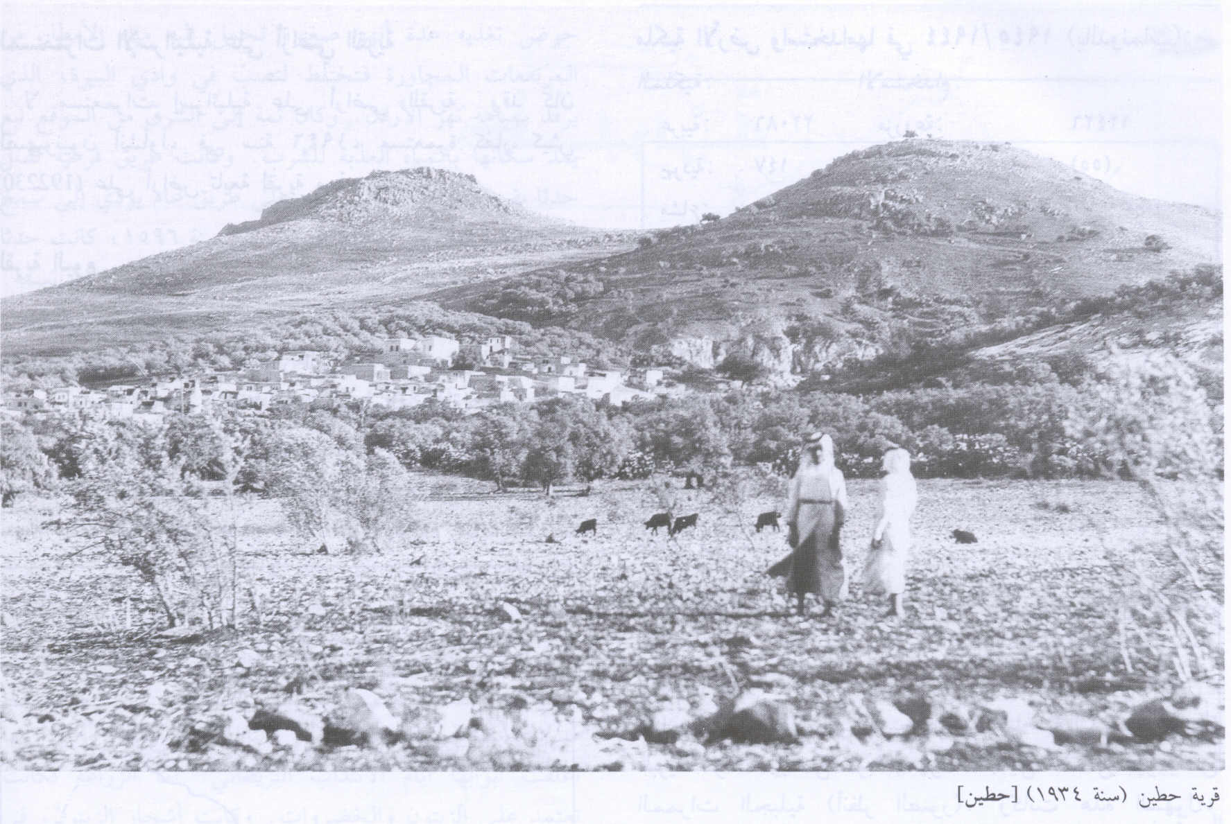 صورة لقرية حطين - فلسطين: : منظر عام للقرية قبل تدميرها، اُنقر الصورة لتكبيرها. 1934