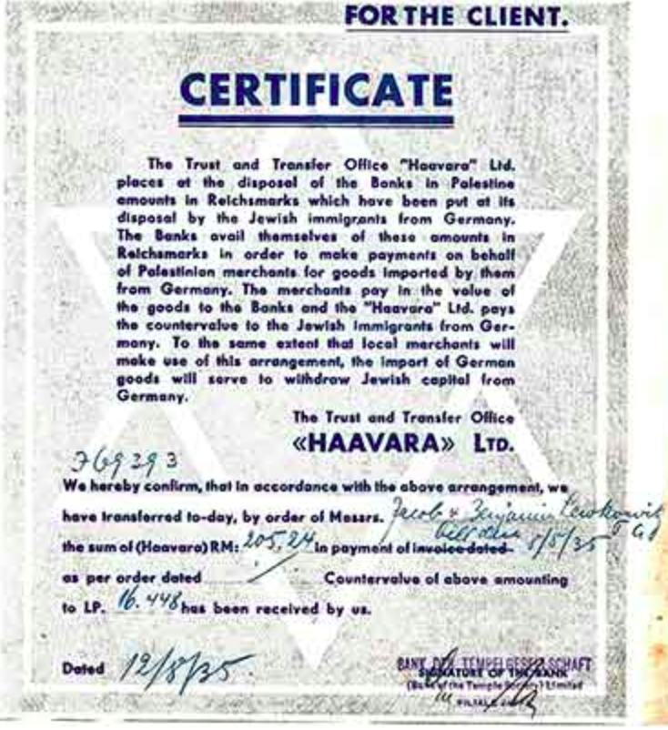Haavara Certificate: Exhibited here is a very rare Haavara Certificate, dated August 12, 1935, regarding the transfer of RM 205.24 by Jacob and Benjamin Lewkowitz