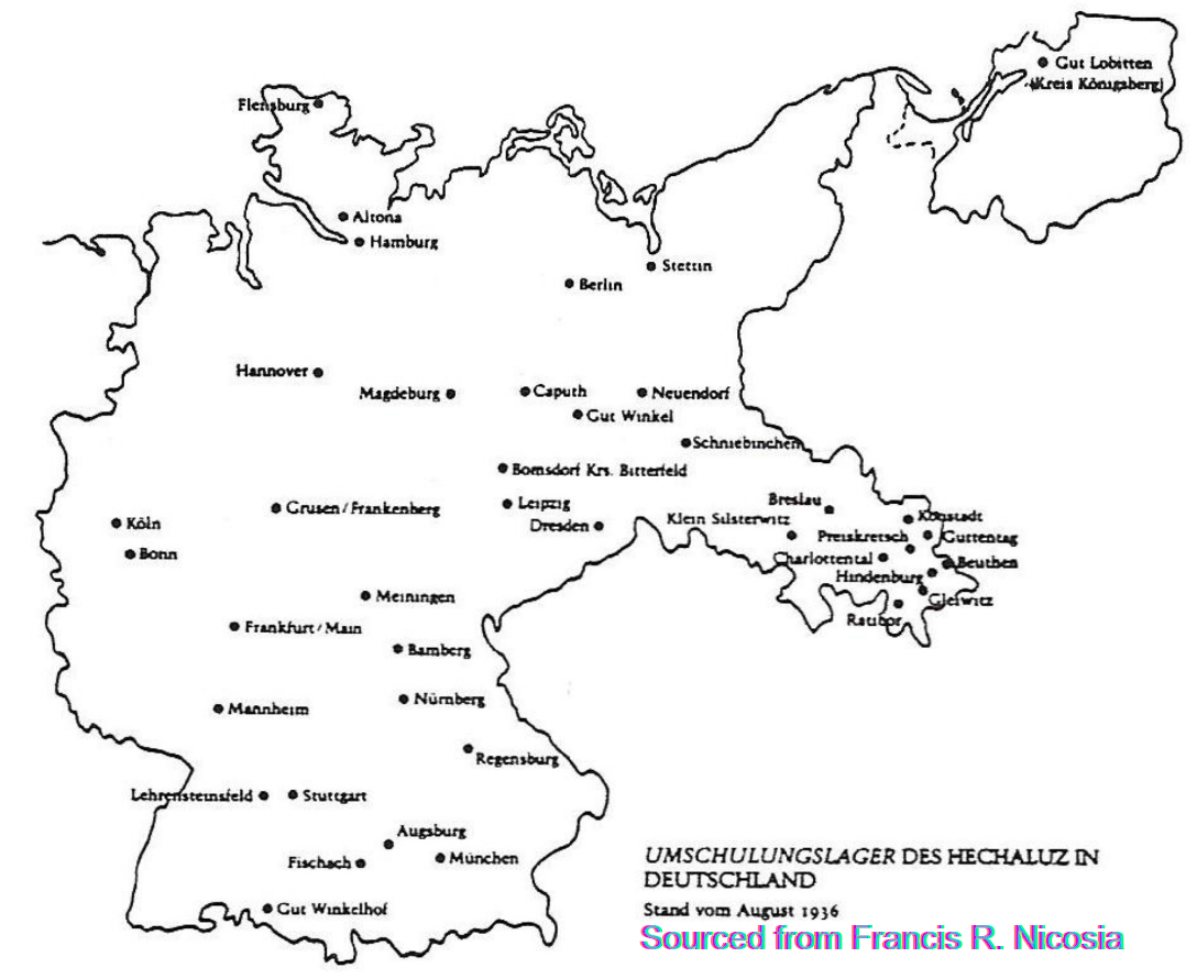Map of over 40 Zionist occupational retraining camps in Germany